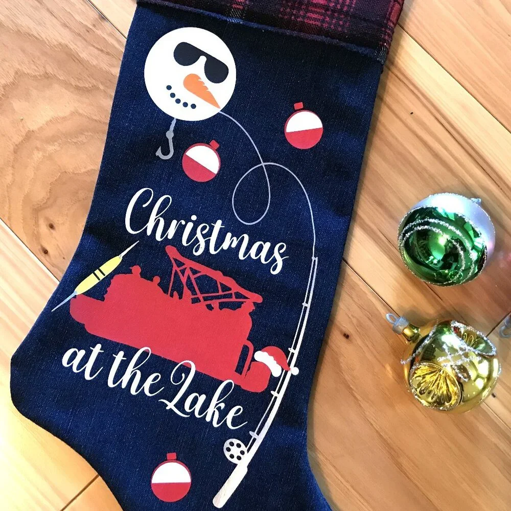 Recycled Denim Christmas Stocking, Lake Cabin Decor Pontoon Fishing Boat